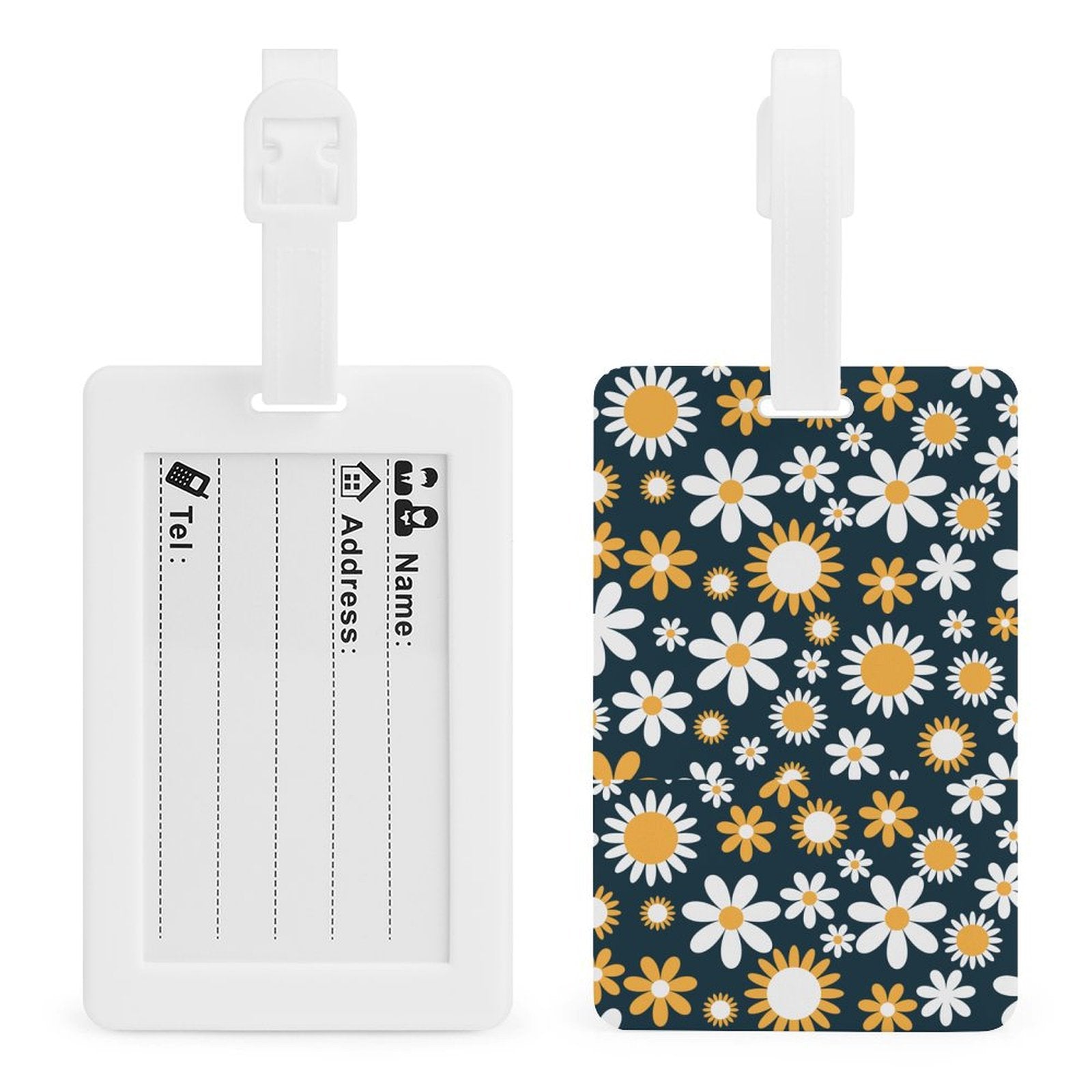 back	Personalized Daisy Travel Tag showing custom info card back and floral front.