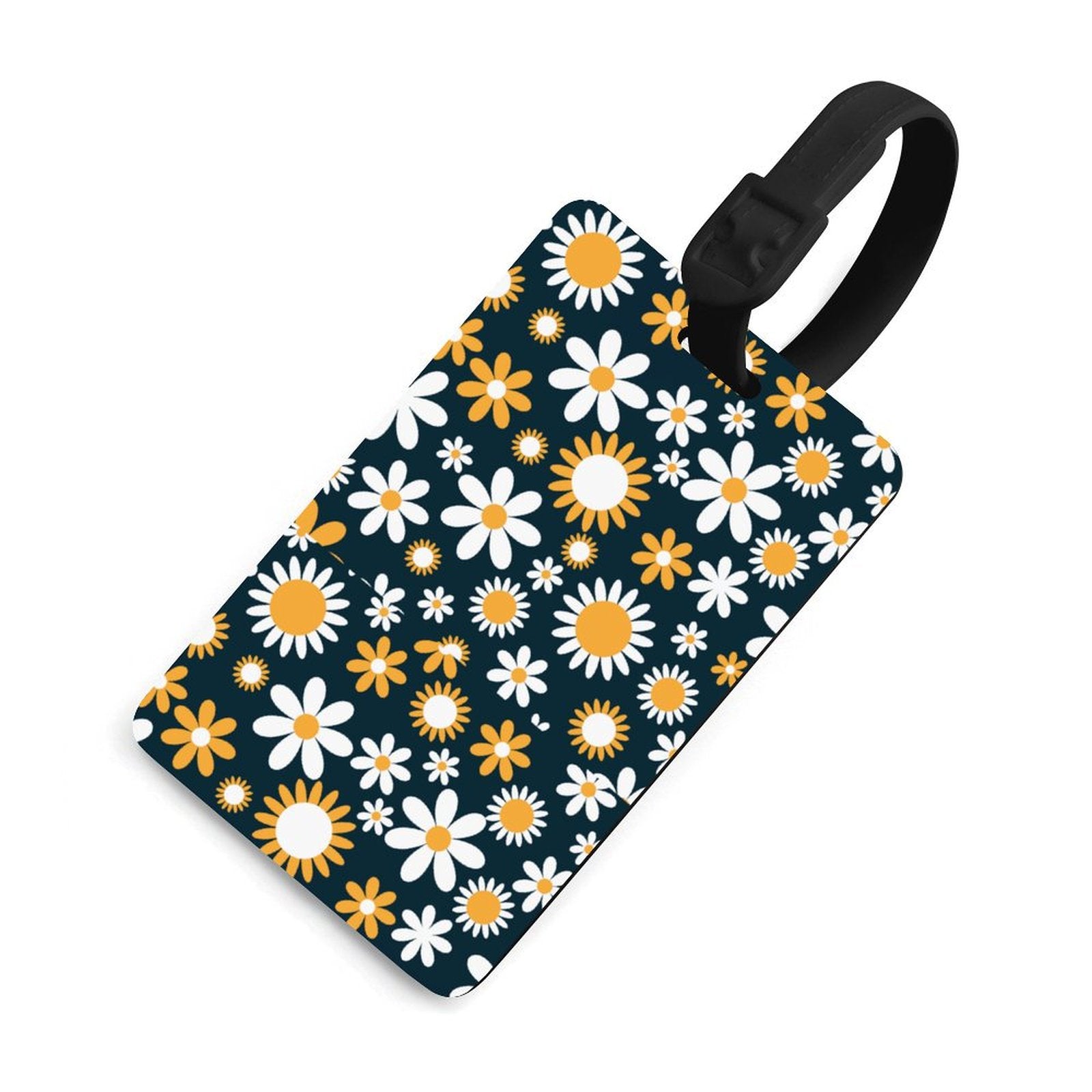 Custom Daisy Luggage Tag with Black Strap for Travel Bag.