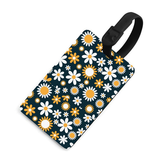Custom Daisy Luggage Tag with Black Strap for Travel Bag.