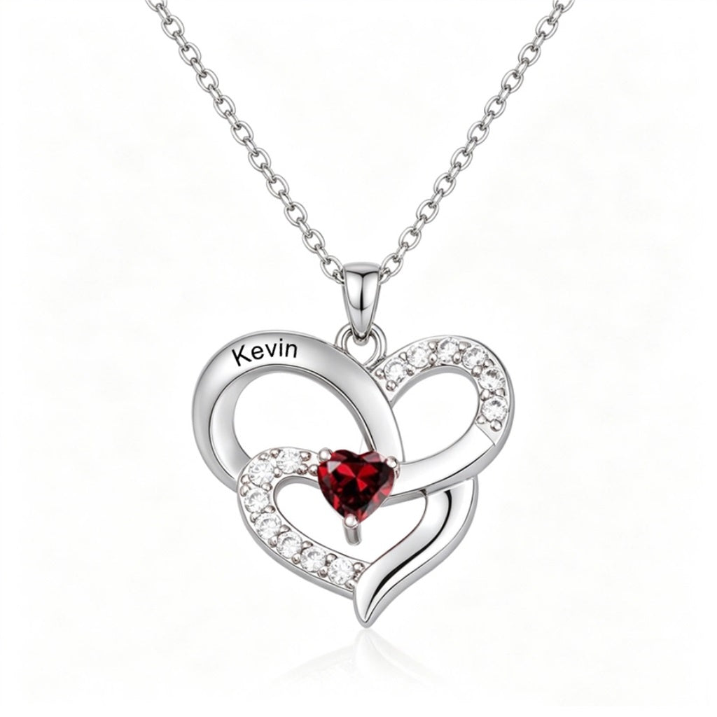 Double heart birthstone necklace front view