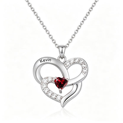 Double heart birthstone necklace front view