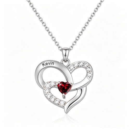 Double heart birthstone necklace front view