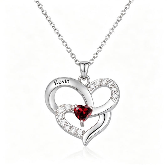 Double heart birthstone necklace front view