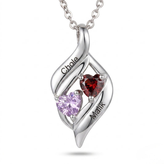 Silver double heart necklace with two names and gemstones.