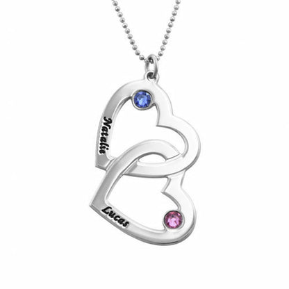 Personalized double interlocking heart necklace with two names  and cubic zirconia accents, shown in silver.