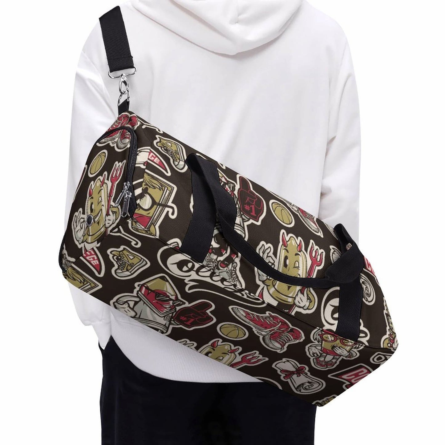 Personalized Print Duffle Bag Carried Over Shoulder By Model.