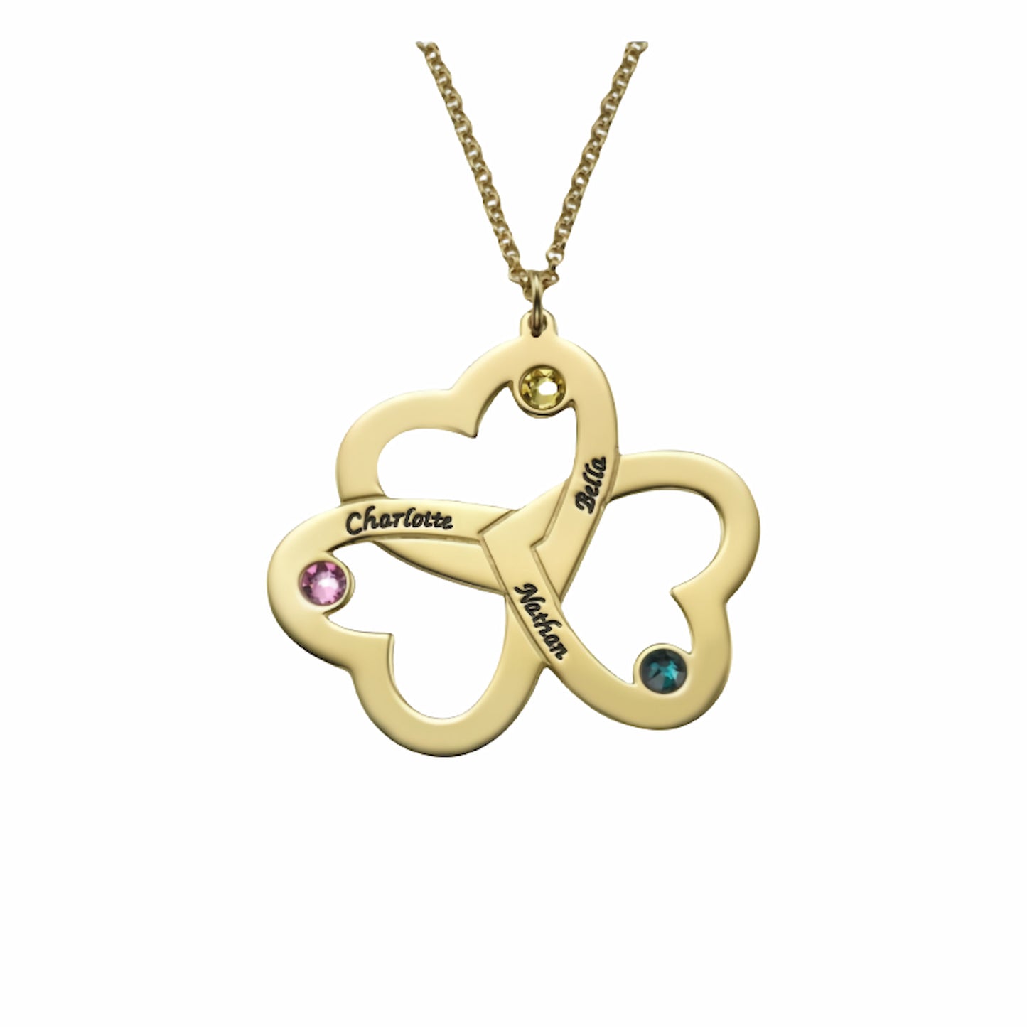 Collier triple cœur gravé personnalisé | Cadeau pour maman avec pierre de naissance