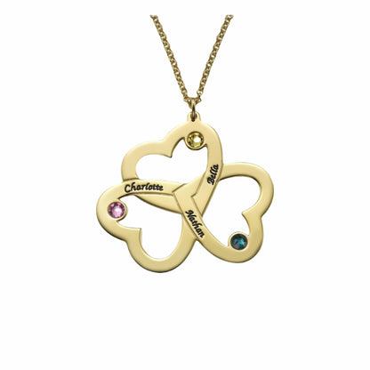 Collier triple cœur gravé personnalisé | Cadeau pour maman avec pierre de naissance