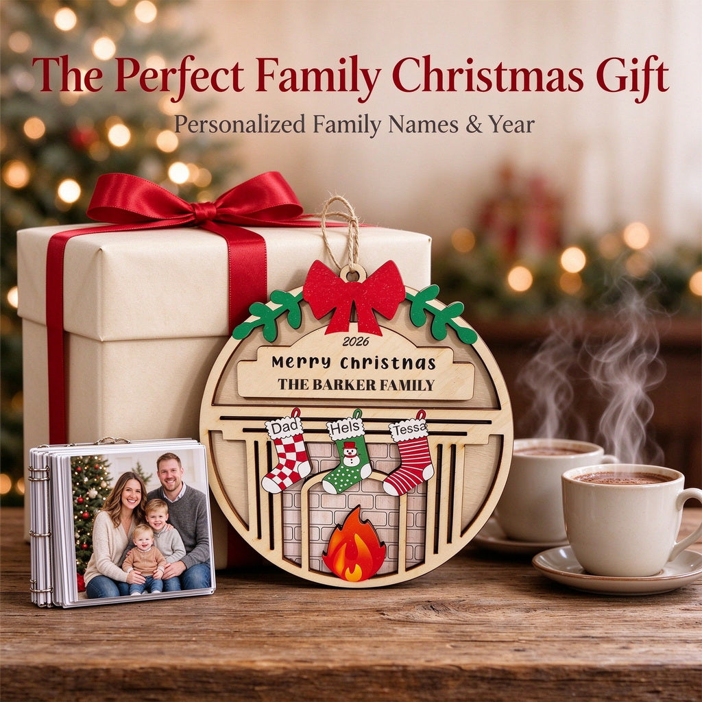 Personalized Family Christmas Ornament with Names, Stockings and Fireplace - gift presentation