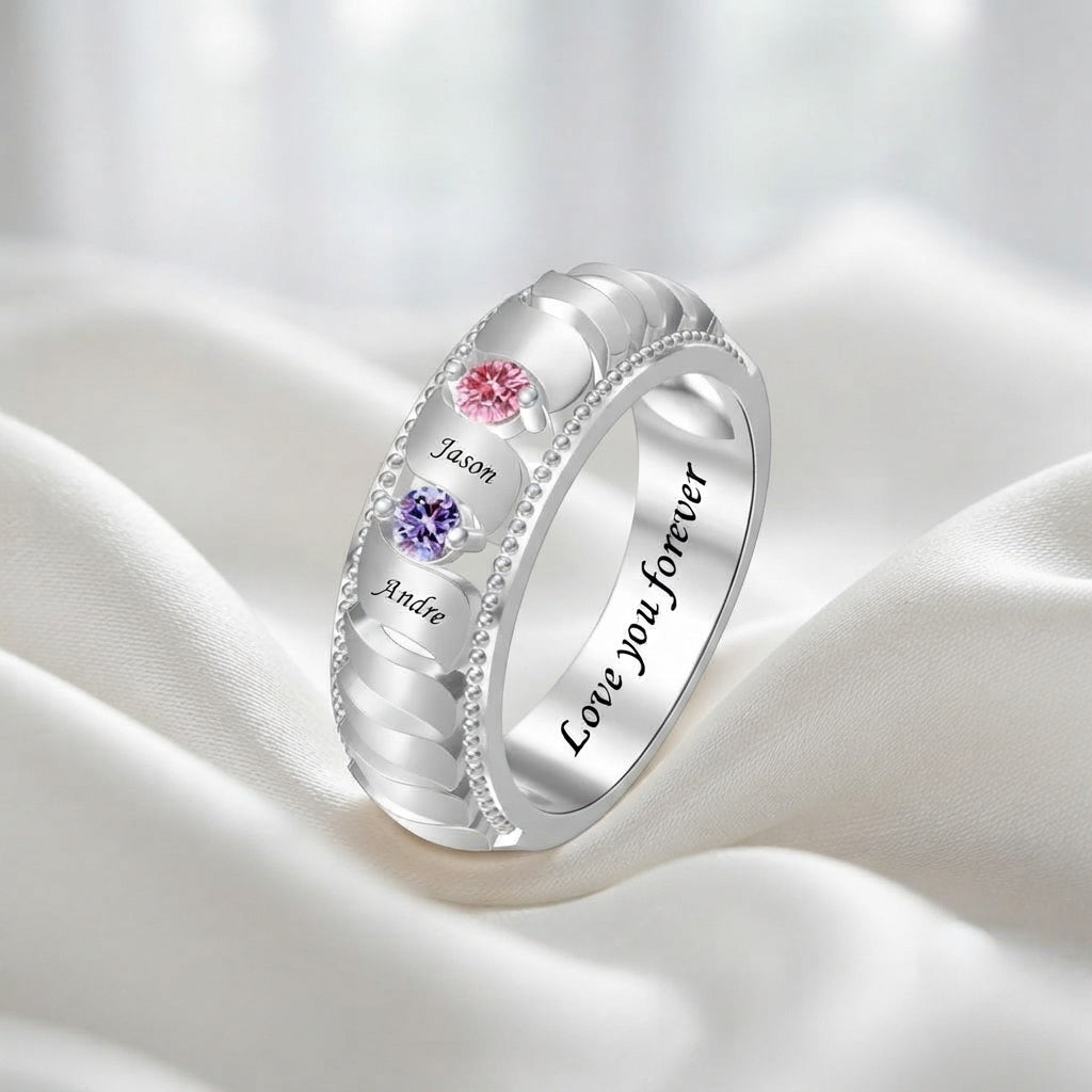 Custom family birthstone name band ring message detail jewel