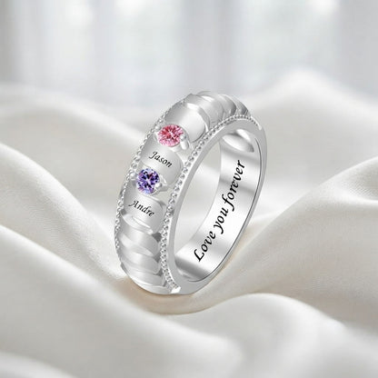 Custom family birthstone name band ring message detail jewel