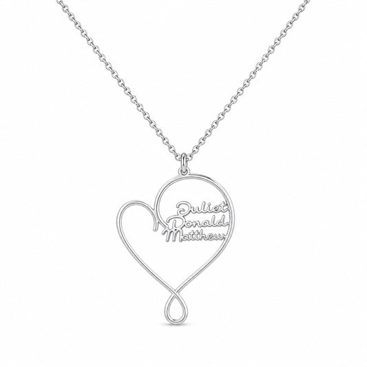 Personalized family name heart necklace front view
