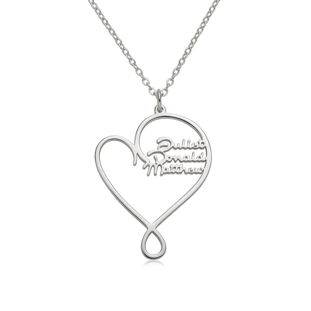 Personalized family name heart necklace front view