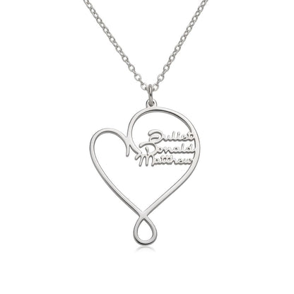 Personalized family name heart necklace front view