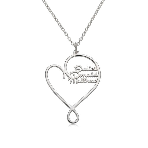 Personalized family name heart necklace front view