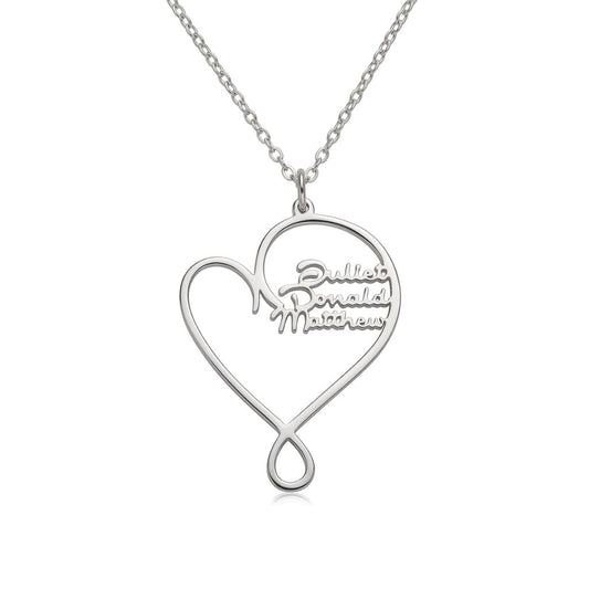 Personalized family name heart necklace front view