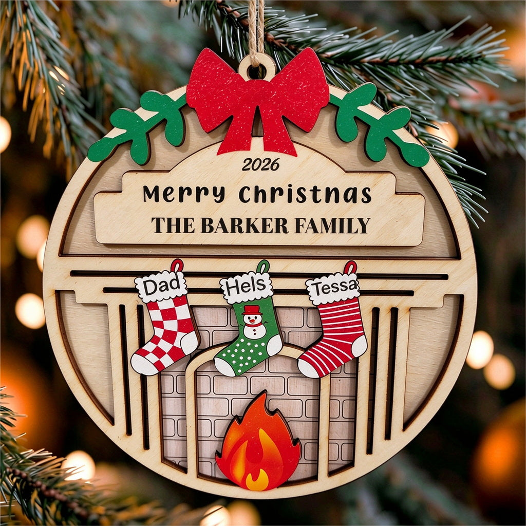 Personalized Family Christmas Ornament with Names, Stockings and Fireplace - home decor display