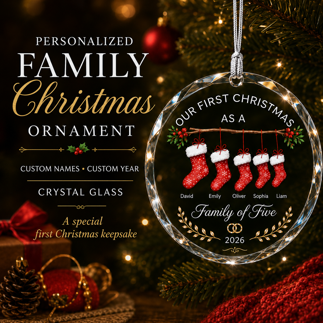 Personalized family Christmas glass ornament with custom names - main product image