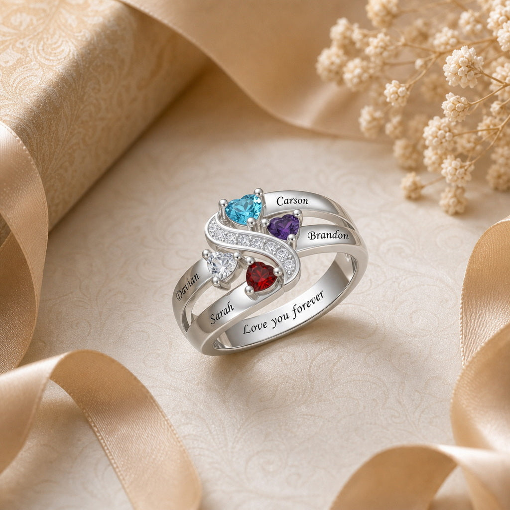 Custom family ribbon birthstone ring lifestyle jewelry view