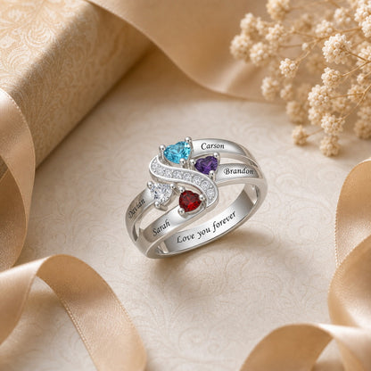 Custom family ribbon birthstone ring lifestyle jewelry view