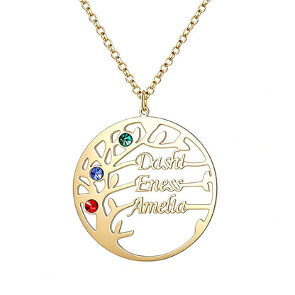 Family tree birthstone necklace front view