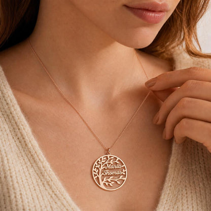 Woman wearing a family tree name necklace