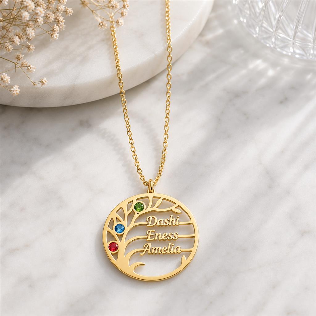 Family tree necklace on marble