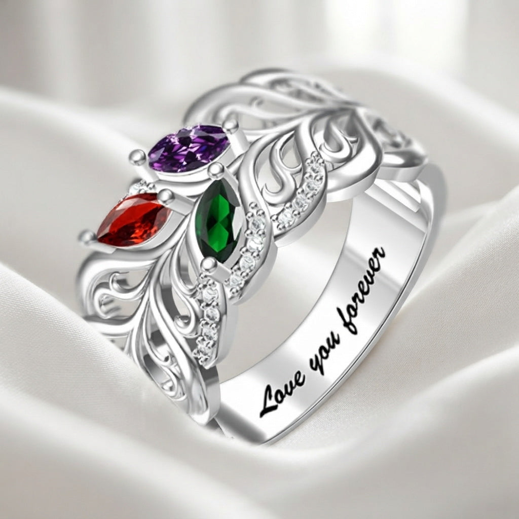 Custom filigree family birthstone ring fabric scene jewelry