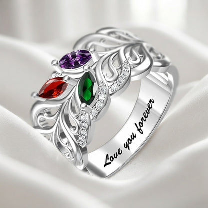 Custom filigree family birthstone ring fabric scene jewelry
