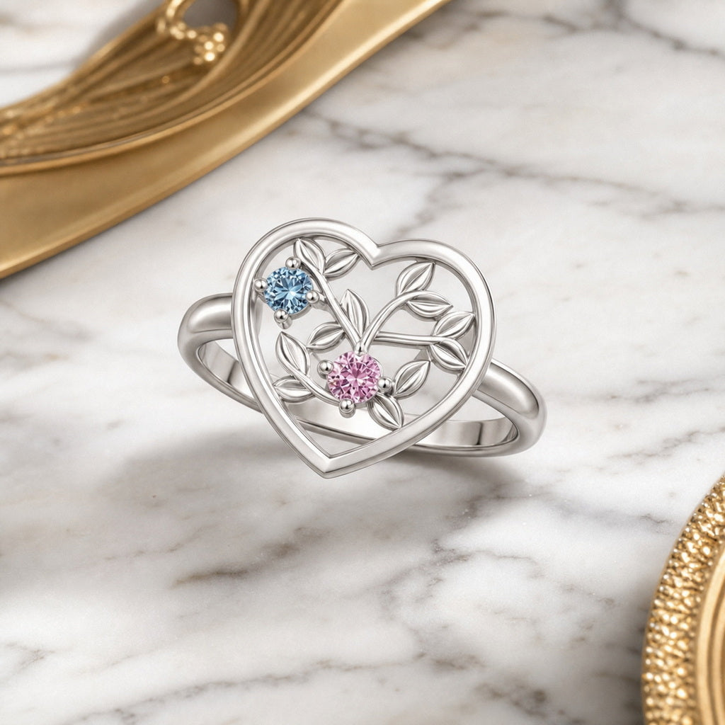 Custom floral heart keepsake ring marble display jewelry vie