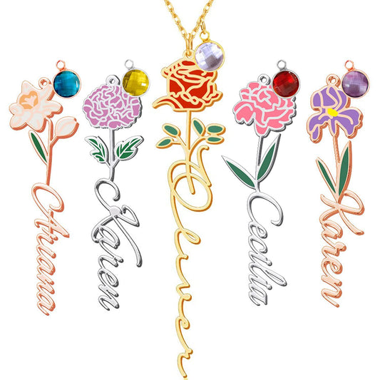 Custom flower name necklaces in gold, silver, and rose gold with birthstones.