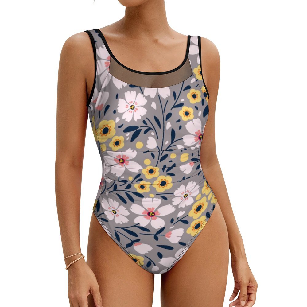 Personalized floral print one piece bathing suit for women, tummy control fit.