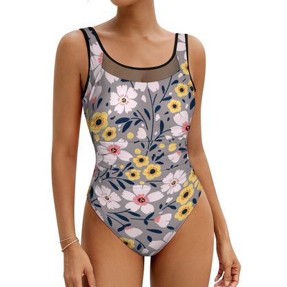 Personalized floral print one piece bathing suit for women, tummy control fit.