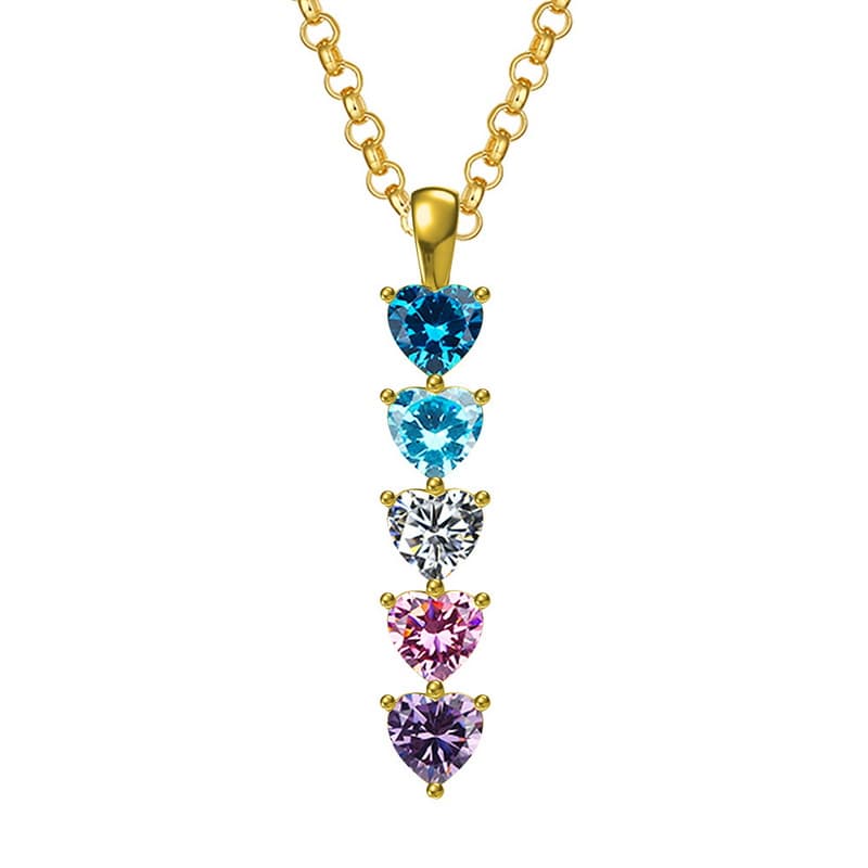 Multi-heart necklace accommodating up to five custom birthstones for large families.