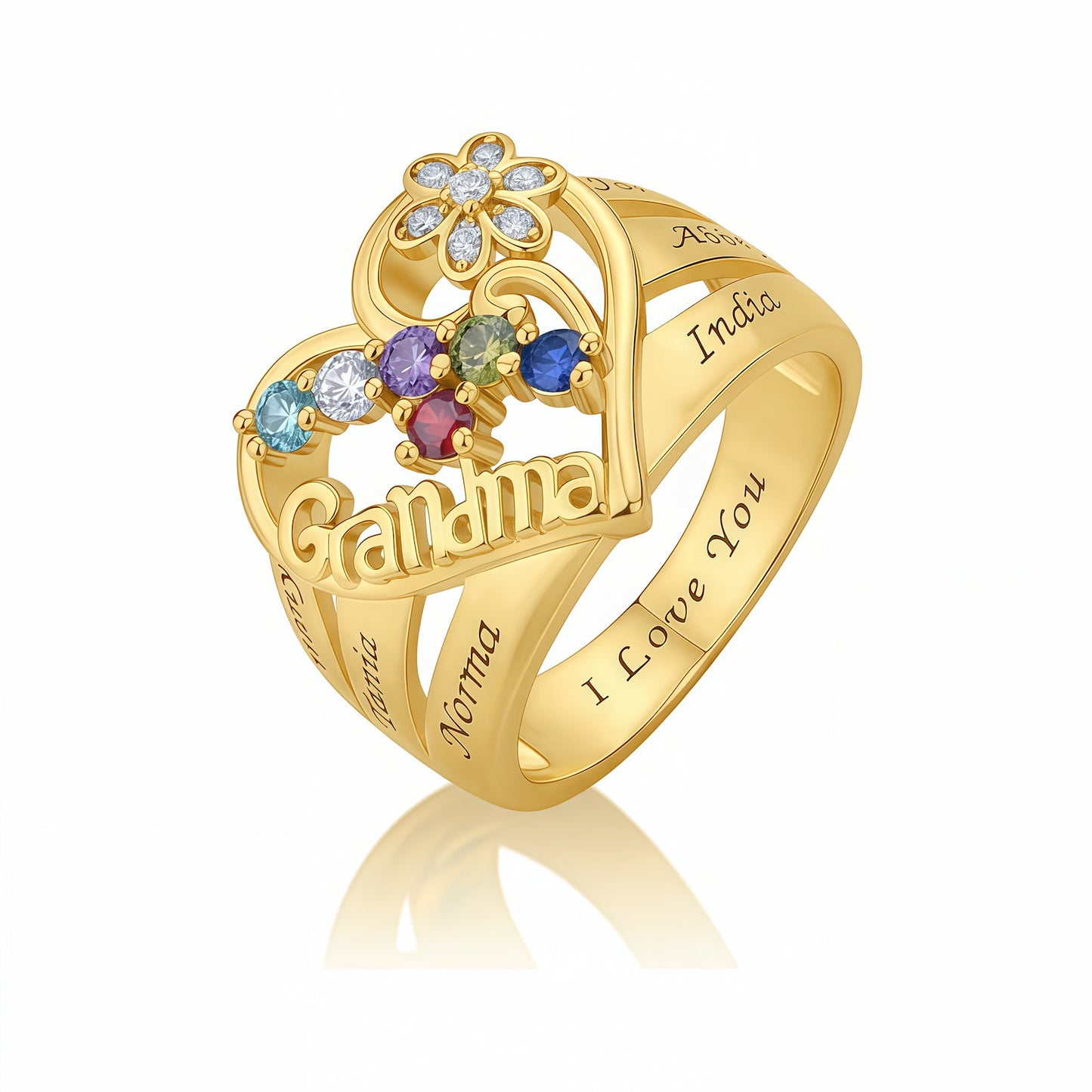 Personalized gold grandma ring with custom names and birthstones, heart & flower design.