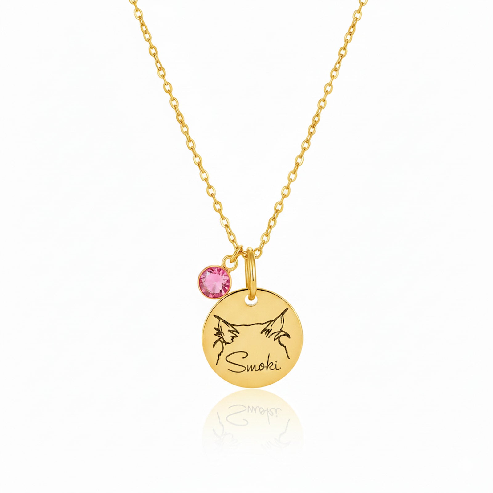 Gold personalized name necklace with pink birthstone and custom pet drawing.