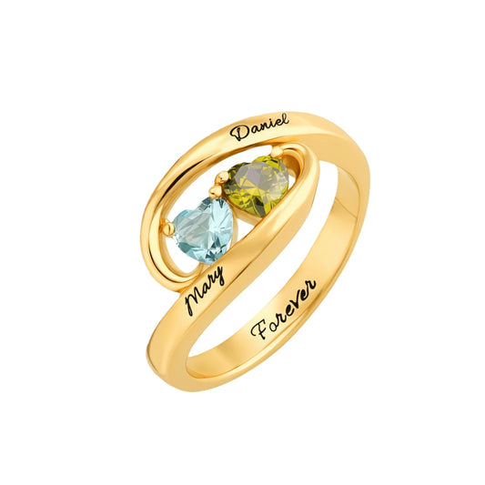 Personalized gold plated ring with custom names and heart-shaped birthstones.