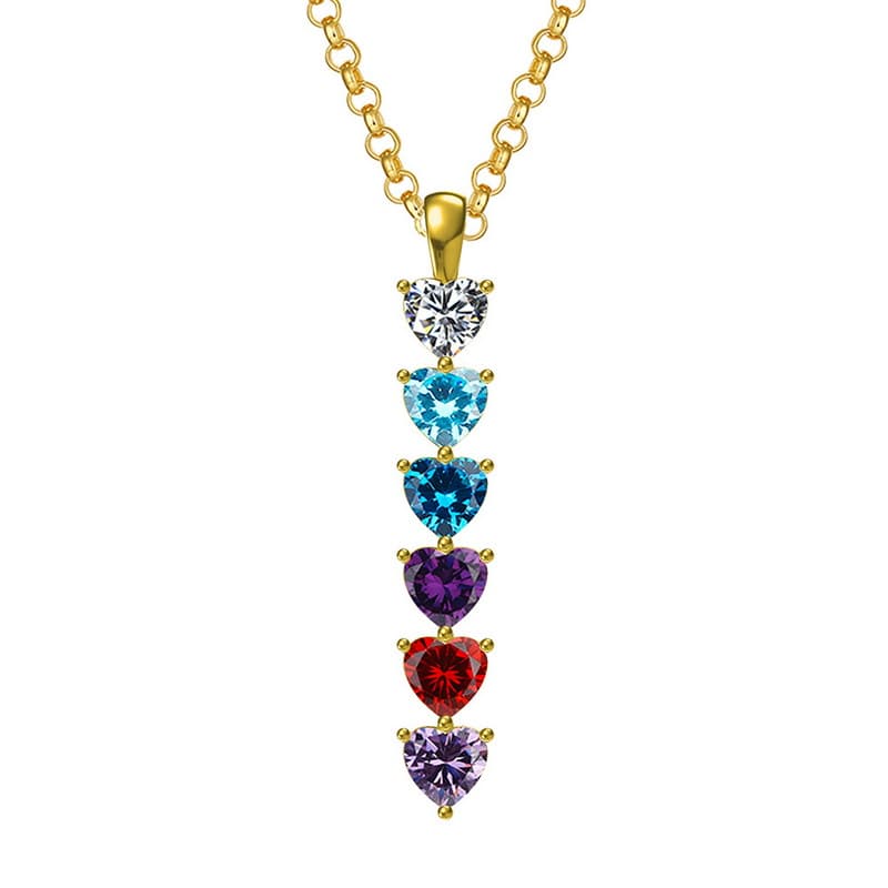 Multi-heart necklace accommodating up to six custom birthstones for large families.