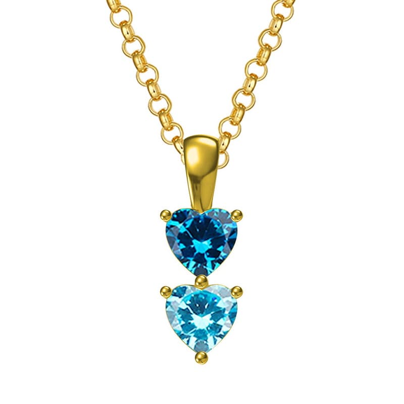 Gold plated double heart birthstone necklace, a custom two-stone family jewelry piece.