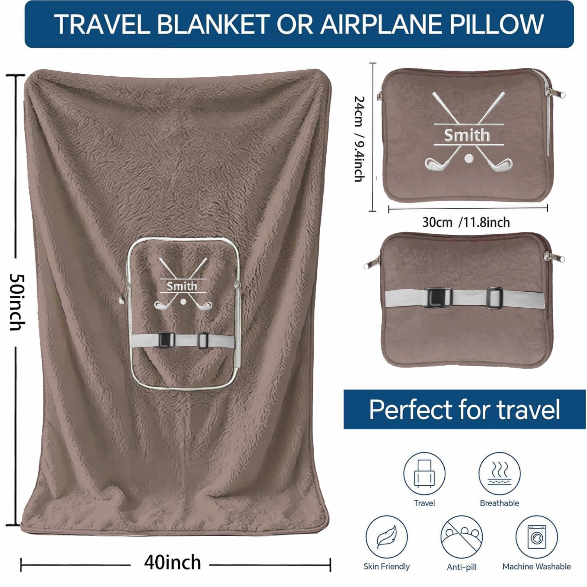 Size guide and travel features for golf name blanket.