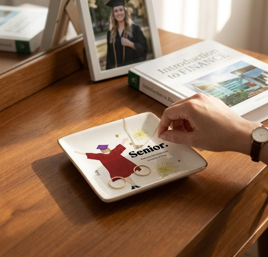 Ceramic jewelry dish with graduation cap and name