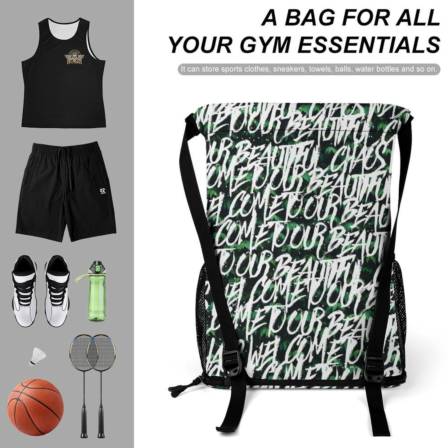 Personalized Gym Sackpack organized with sport essentials: clothes, shoes, and ball.
