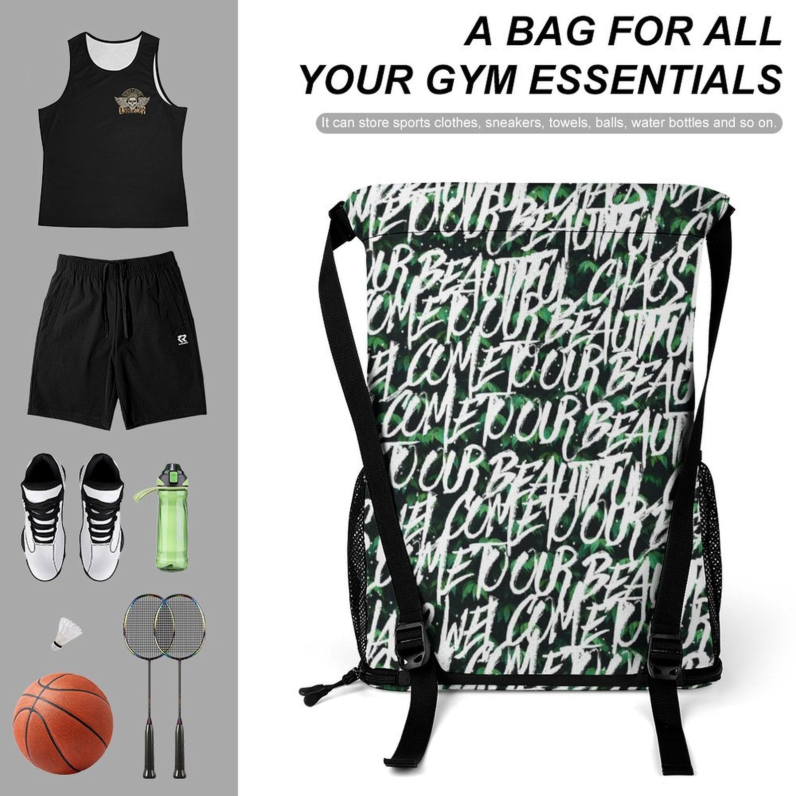 Personalized Gym Sackpack organized with sport essentials: clothes, shoes, and ball.
