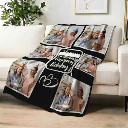 Custom birthday photo collage blanket on a white sofa.