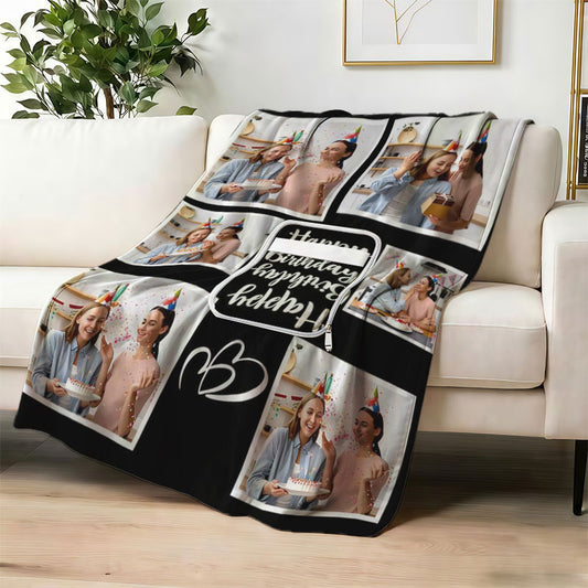 Custom birthday photo collage blanket on a white sofa.