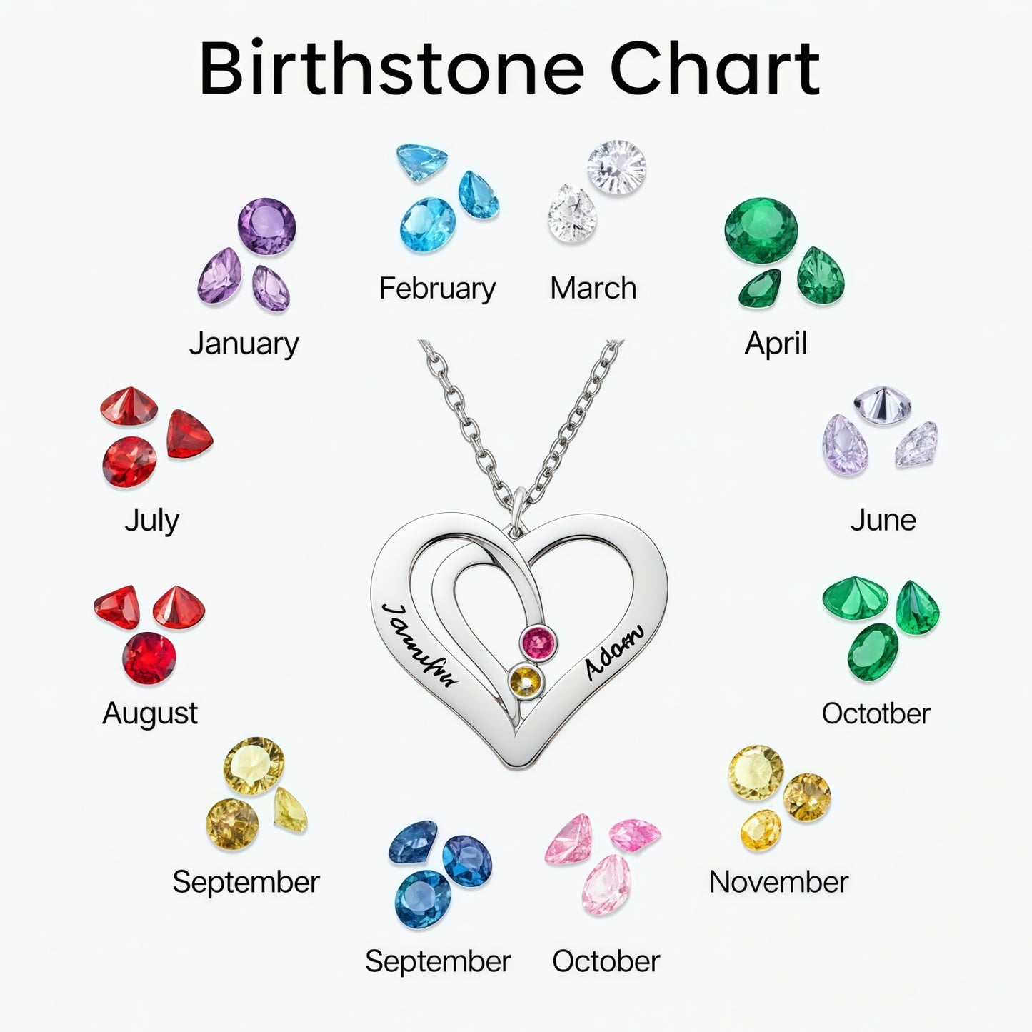 Birthstone Chart for Personalized Couple Heart Necklace. Shows all 12 birthstone colors.
