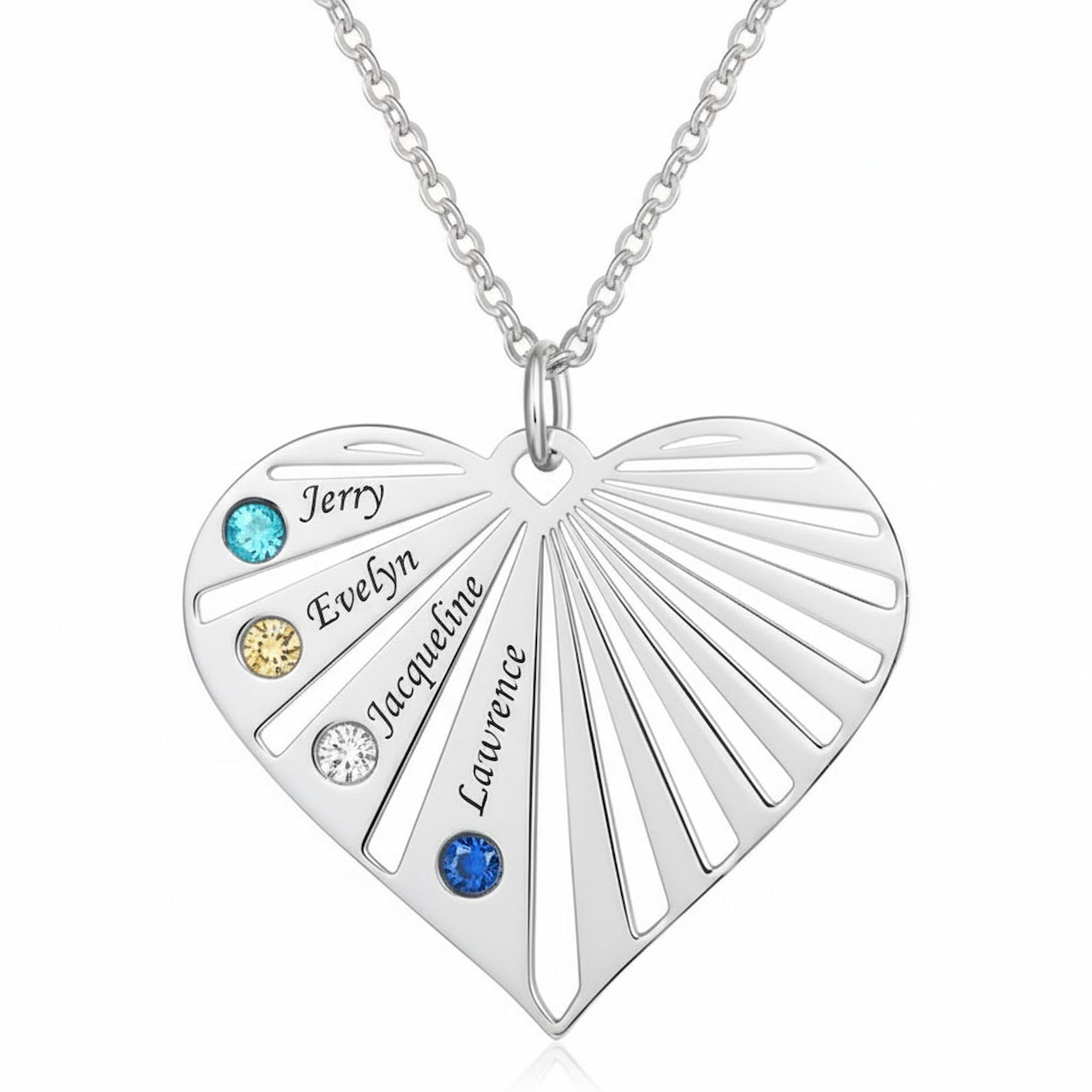 Sterling silver personalized heart necklace with custom names and birthstones on a white background.