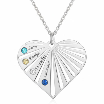 Sterling silver personalized heart necklace with custom names and birthstones on a white background.