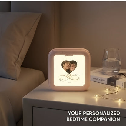 Personalized heart photo power bank on a bedside table.