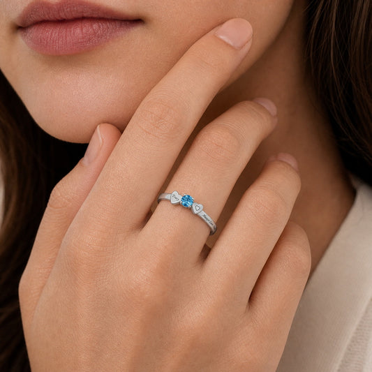 Custom heart birthstone promise ring on hand jewelry view